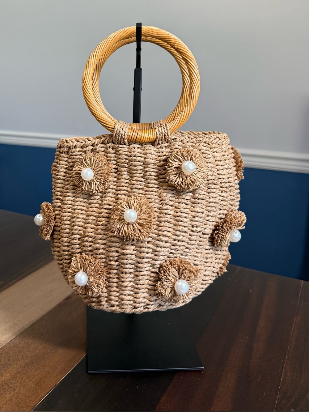 Natural Raffia Round Tote with Pearl Pom-Poms - Picture 4 of 7